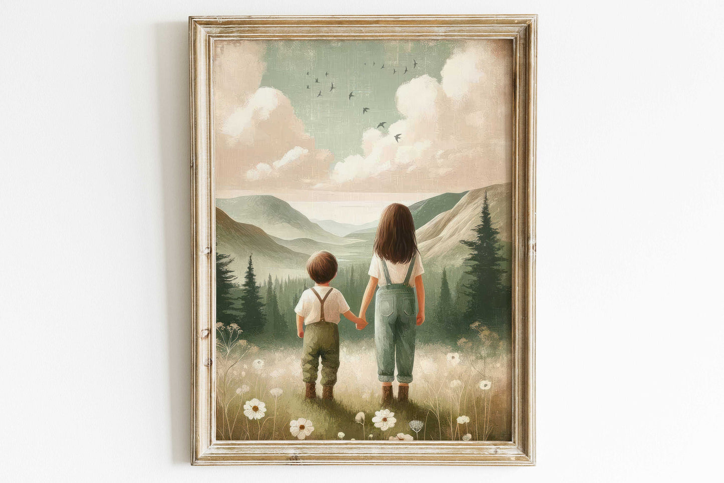 Brother & Sister Print, Siblings Adventure Decor, Girl and Boy Painting, Sibling Wall Art, Printable Mountain Nursery Decor for Children