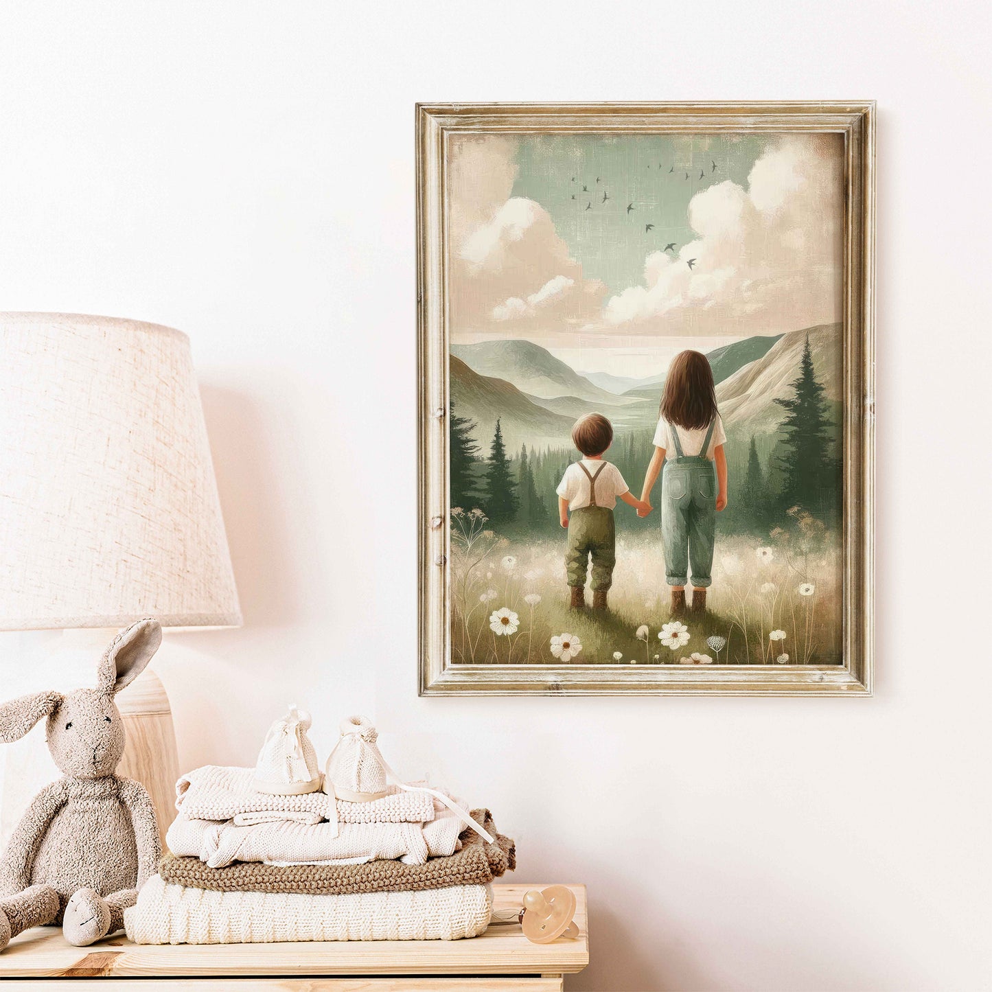 Brother & Sister Print, Siblings Adventure Decor, Girl and Boy Painting, Sibling Wall Art, Printable Mountain Nursery Decor for Children