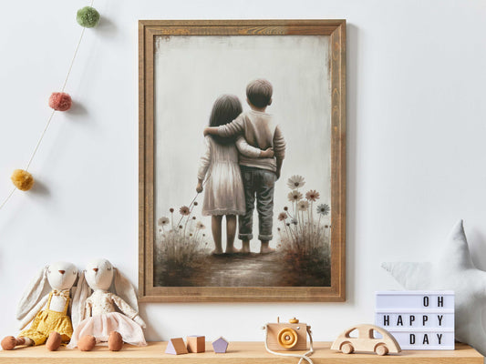 Siblings Print, Brother & Sister Room Decor, Nature Wall Art Kids, Boy and Girl Painting, Siblings Portrait, Printable Kids Wall Art