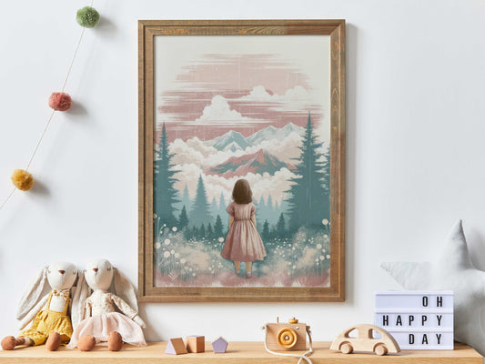 Adventure Wall Art Girl, Girl Adventure Print, Nature Wall Art Kids, Mountain Nursery Decor, Toddler Room Decor Girl,PRINTABLE Girl Wall Art