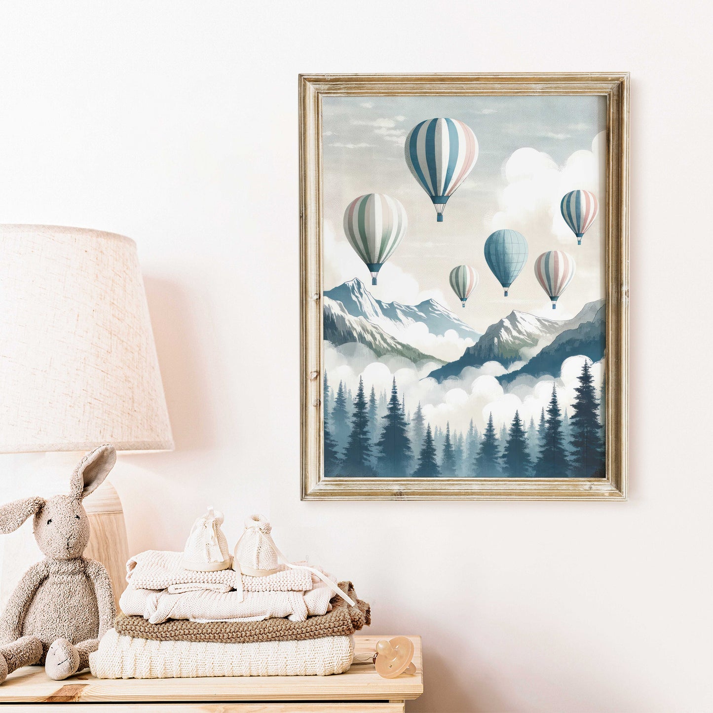 Vintage Hot Air Balloon Decor, Nursery or Living Room Wall Art, Nostalgic Vintage Pastel Wall Art, Forest & Mountain Wall Art