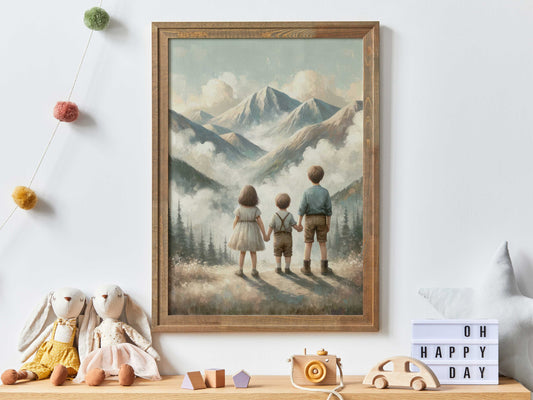 Three Siblings Print, Brother & Sister Wall Art, Adventure Nursery Decor, Shared Room Decor, Vintage Painting, Printable Kids Room Art