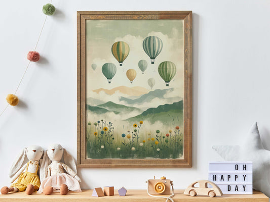 Vintage Hot Air Balloon Decor, Nursery Wall Art, Nostalgic Vintage Pastel Wall Art, Hot Air Balloon Print, Adventure Wall Art for Kids