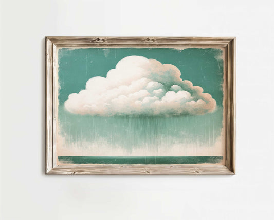 Vintage Cloud Print, Emerald Green Wall Art, Rustic Living Room Decor, Cloud Art Print, Sky Painting, PRINTABLE Green Wall Decor