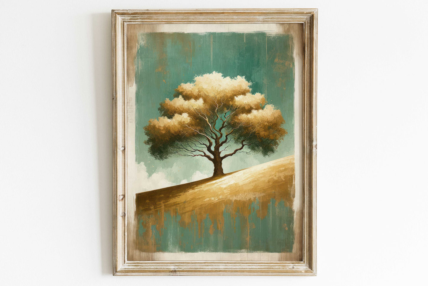 Tree Wall Art, Abstract Oak Tree Painting, Emerald & Golden, Rustic Tree Painting, Vintage Wall Art Wood, PRINTABLE Abstract Nature Art