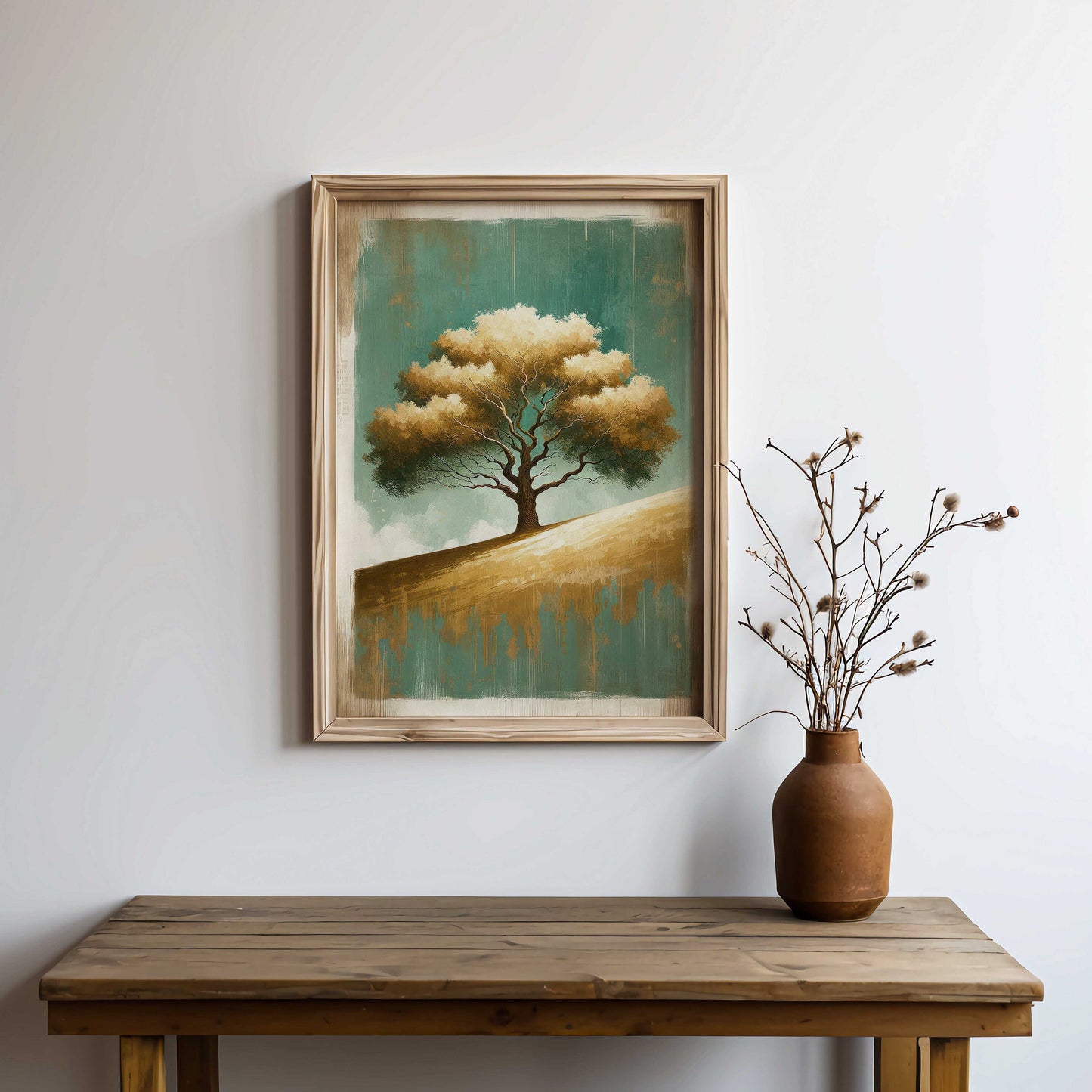 Tree Wall Art, Abstract Oak Tree Painting, Emerald & Golden, Rustic Tree Painting, Vintage Wall Art Wood, PRINTABLE Abstract Nature Art