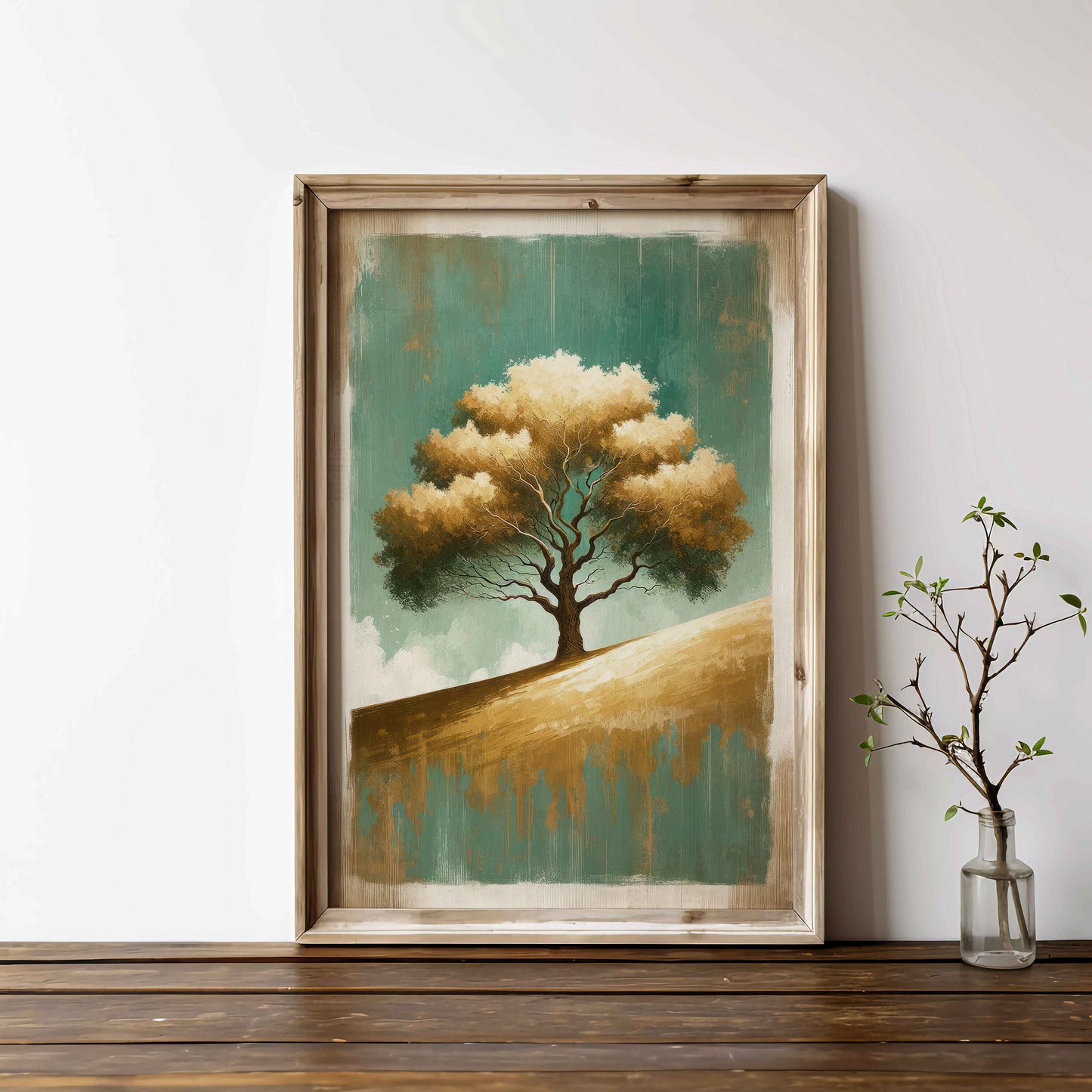 Tree Wall Art, Abstract Oak Tree Painting, Emerald & Golden, Rustic Tree Painting, Vintage Wall Art Wood, PRINTABLE Abstract Nature Art