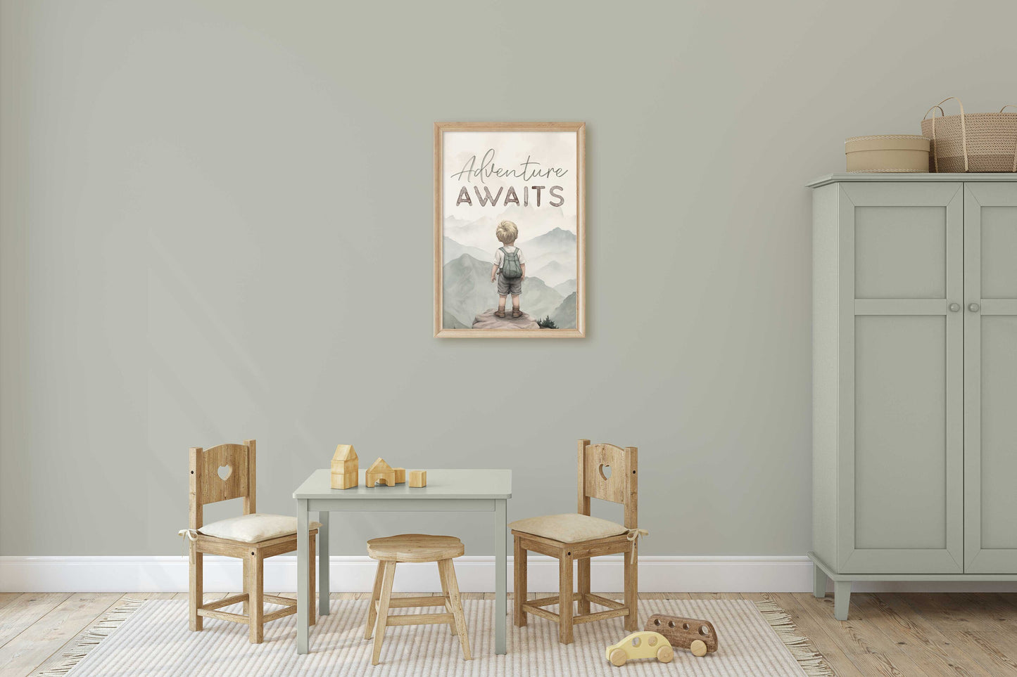 Adventure Awaits, Inspirational Boy Explorer Art, Boy Adventure Nursery, Mountain Nursery Art, Sage Green Nursery Decor, Printable Wall Art