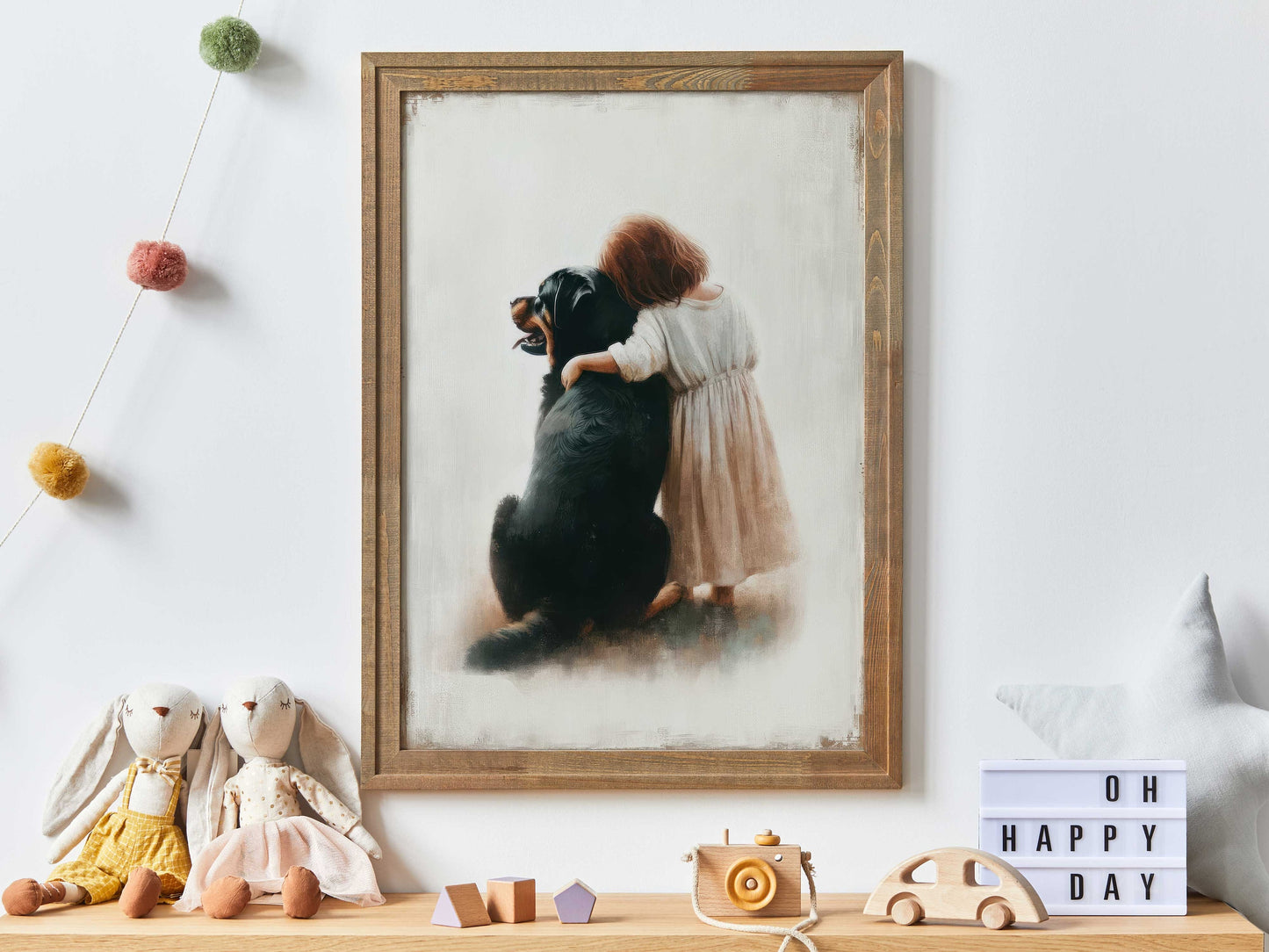 Rottweiler Nursery Decor, Girl & Dog Art Print, Rottweiler Painting, Dog Nursery Decor, Puppy Nursery Print, Printable Dog Decor for Kids