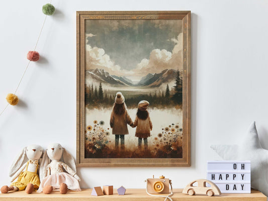 Sister Bedroom Art, Girl Adventure Print, Sister Room Decor, Sister Painting, Two Little Girls, Mountain Nursery Art,PRINTABLE Girl Wall Art