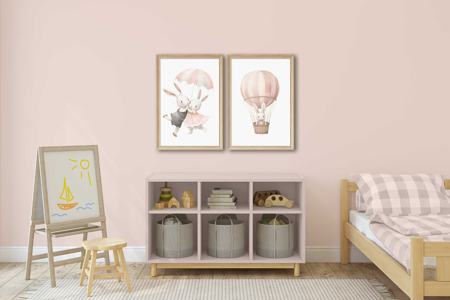 Bunny Nursery Wall Decor, Cute Animal Art for Kids Bedroom, Bunny Nursery Prints Girl's Room, Hot Air Balloon Wall Art, PRINTABLE Girl Art