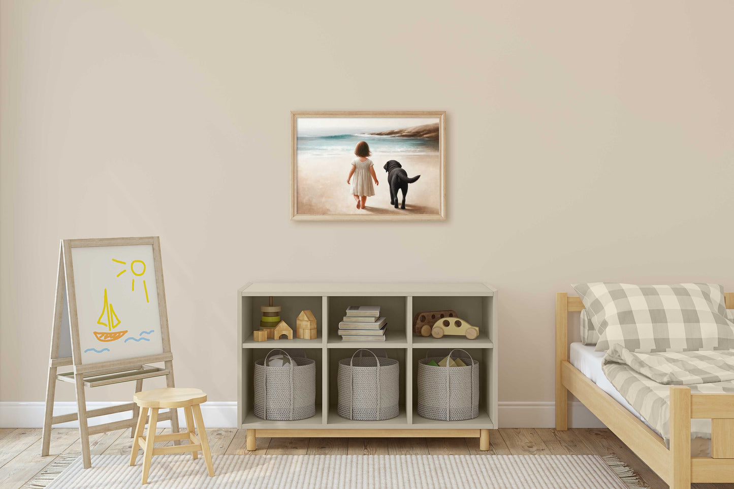 Seaside Serenity: Little Girl & Black Labrador Beach Walk Print - Nostalgic Vintage-Inspired Horizontal Wall Art Nursery, Digital Download