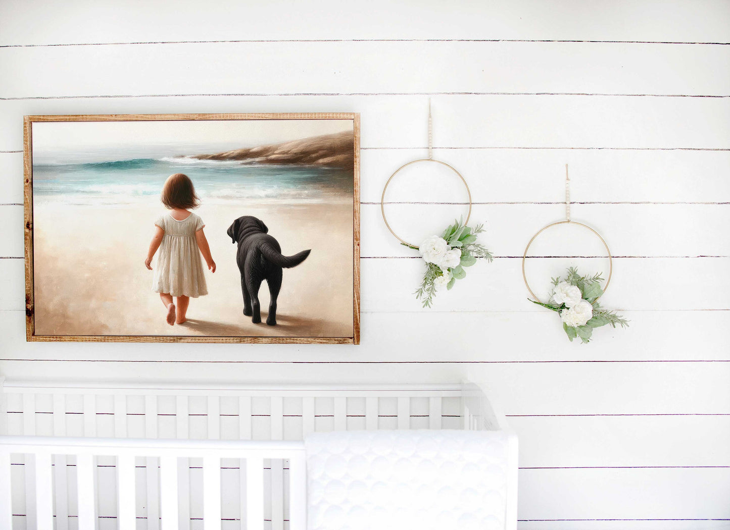 Seaside Serenity: Little Girl & Black Labrador Beach Walk Print - Nostalgic Vintage-Inspired Horizontal Wall Art Nursery, Digital Download