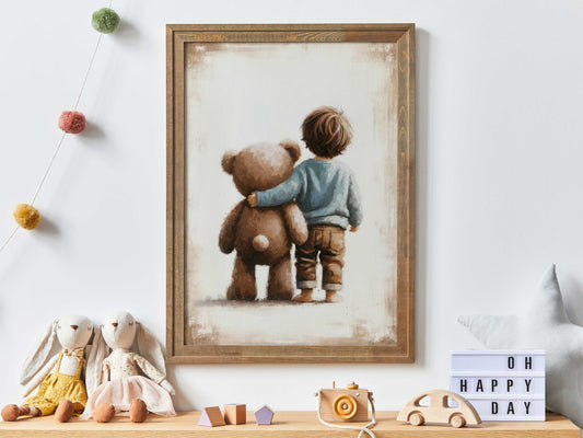 Boy & Teddy Bear, Boy's Room Decor, Boys Nursery Wall Art, Unique Vintage Nursery Print, Cute Boys Bedroom Art, Printable Kids Wall Art