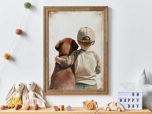 Brown Labrador Retriever Nursery Print, Boy & Dog Art Print, Dog Decor Nursery, Toddler Room Decor, Puppy Nursery Print, Printable Kids Art