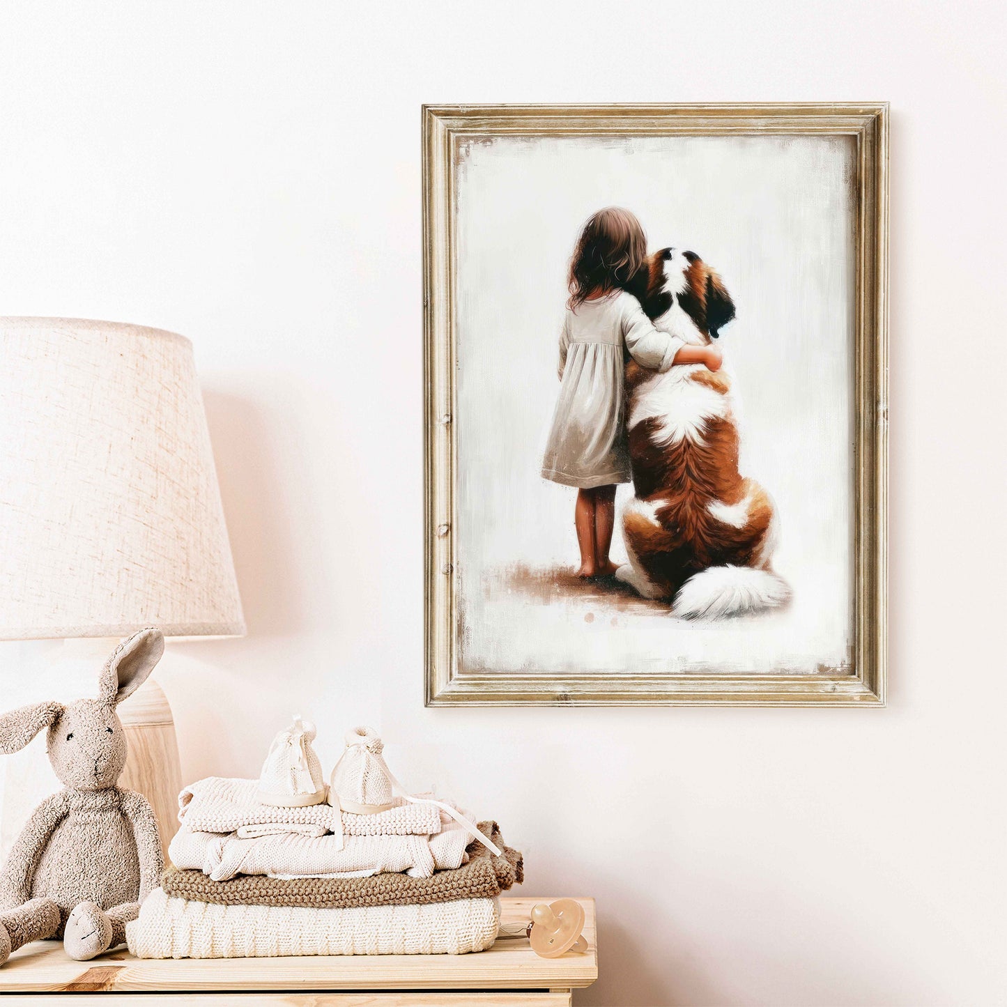 Saint Bernard Print, Dog Nursery Decor, Girl and Dog Art, Girls Room Dog Decor, St. Bernard Painting, Cute Animal Art, PRINTABLE Dog Art