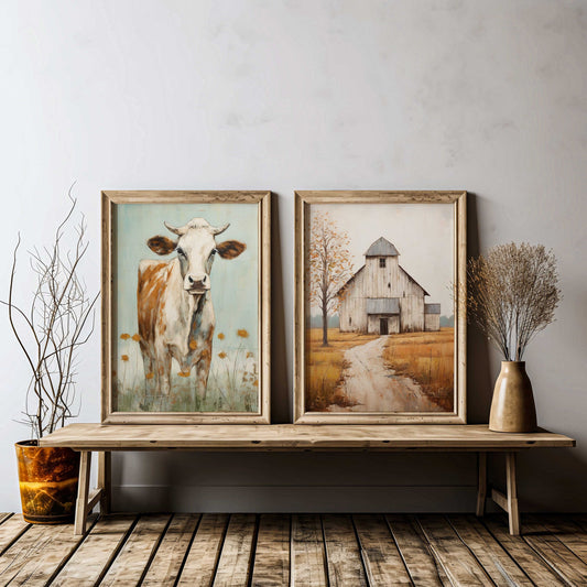 Bull & Barn Farmhouse Wall Art, Set of 2, Cow Wall Decor, Farm Animal Print, Rustic Home Decor, Cattle Print, Printable Countryside Art