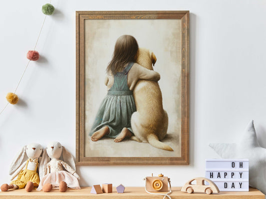 Yellow Labrador Retriever Nursery Decor, Girl & Dog Art Print, Dog Nursery Decor, Toddler Decor Girl, Puppy Nursery Print,Printable Kids Art