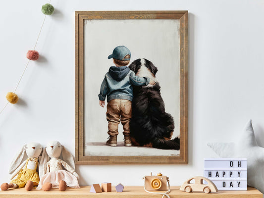 Bernese Mountain Nursery Decor, Boy & Bernese Mountain Dog Print, Toddler Room Decor Boy, Boy and Dog Painting, PRINTABLE Dog Nursery Decor