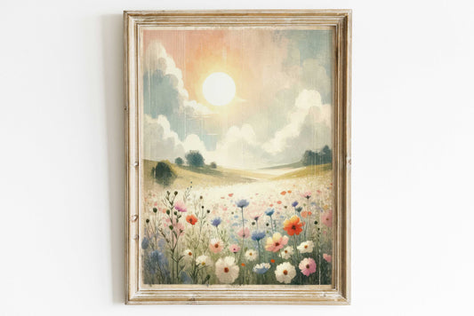 Wildflower Print, Nursery Landscape Print, Countryside Painting, Rustic Nature Painting, Sunset Art Print, PRINTABLE Landscape Wall Art