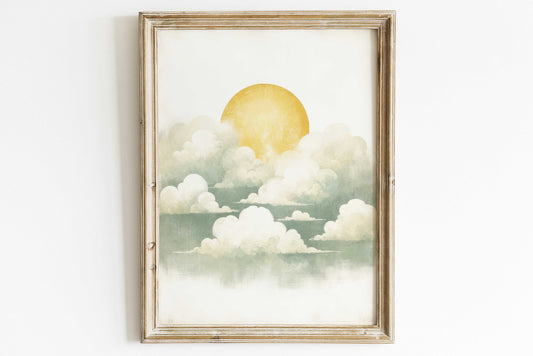 Vintage Cloud Print, Sunset Art Print, Sage Green Wall Art, Sky Print, Rustic Home Decor, Cloud in Sky Painting, PRINTABLE Green Wall Decor