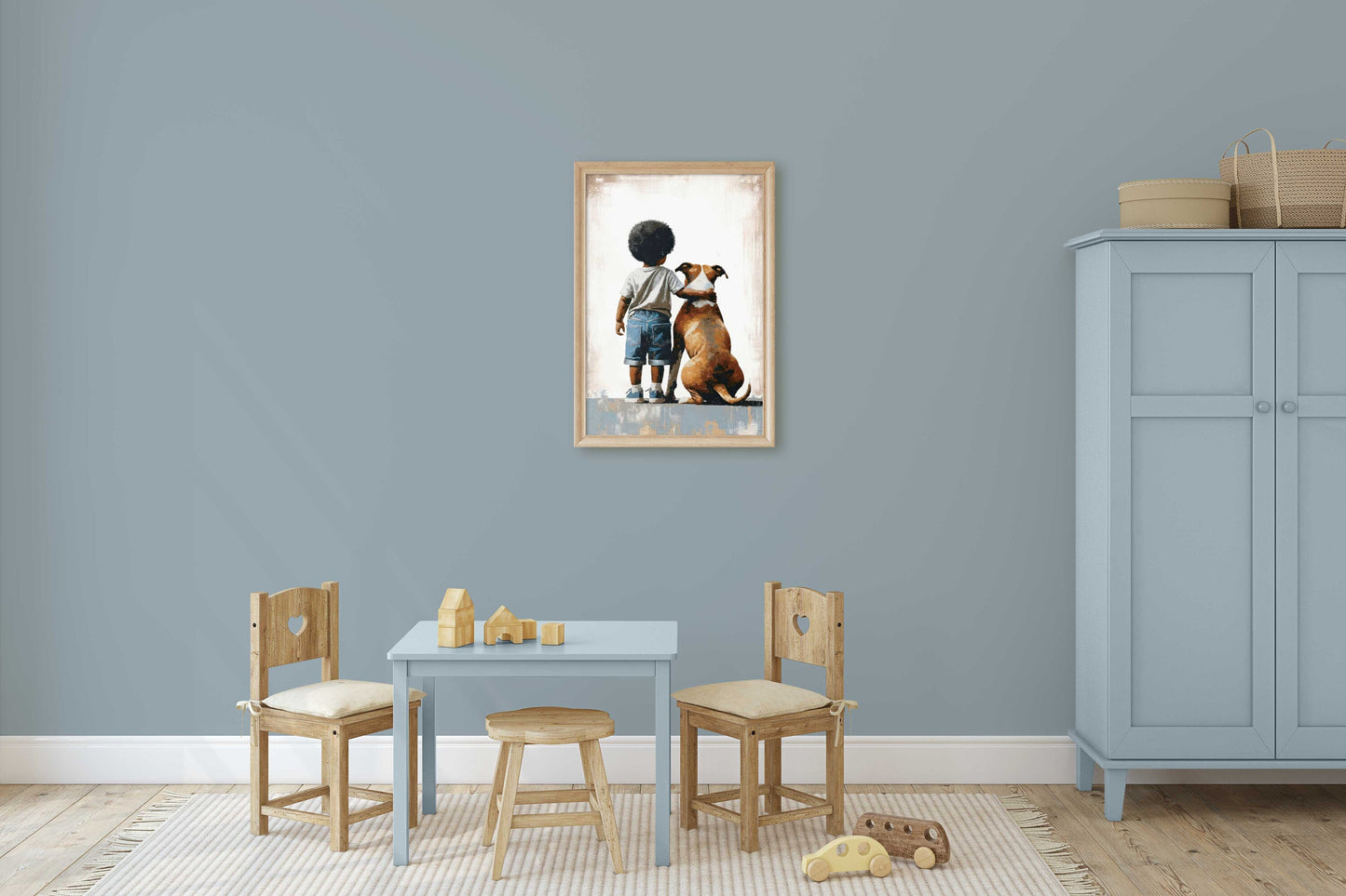 American Staffordshire Terrier Nursery Art, Boy & Dog Art Print, Black Boy Art, Pitbull Nursery Art, Afro-American Boy Art,Printable Dog Art