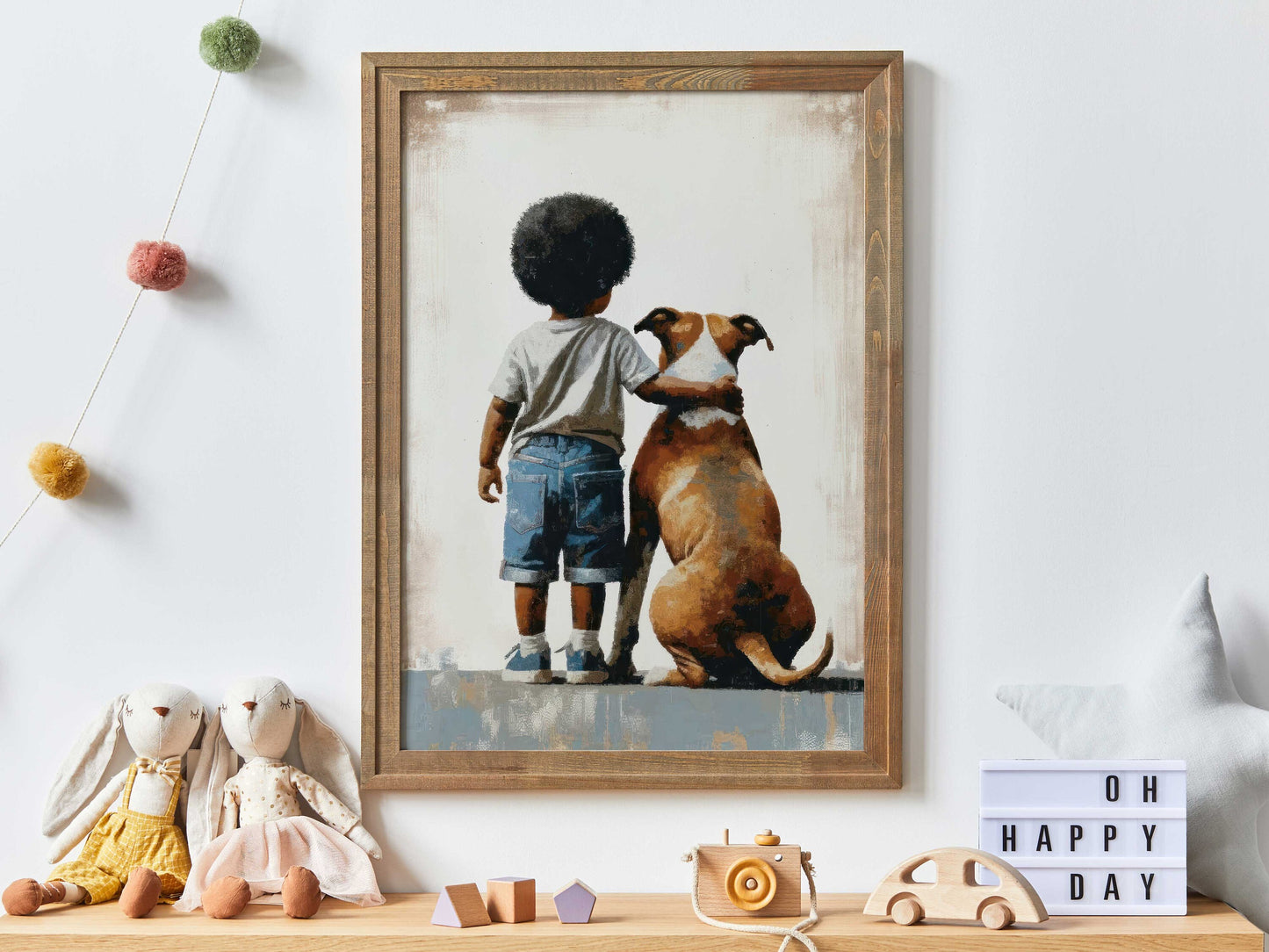 American Staffordshire Terrier Nursery Art, Boy & Dog Art Print, Black Boy Art, Pitbull Nursery Art, Afro-American Boy Art,Printable Dog Art