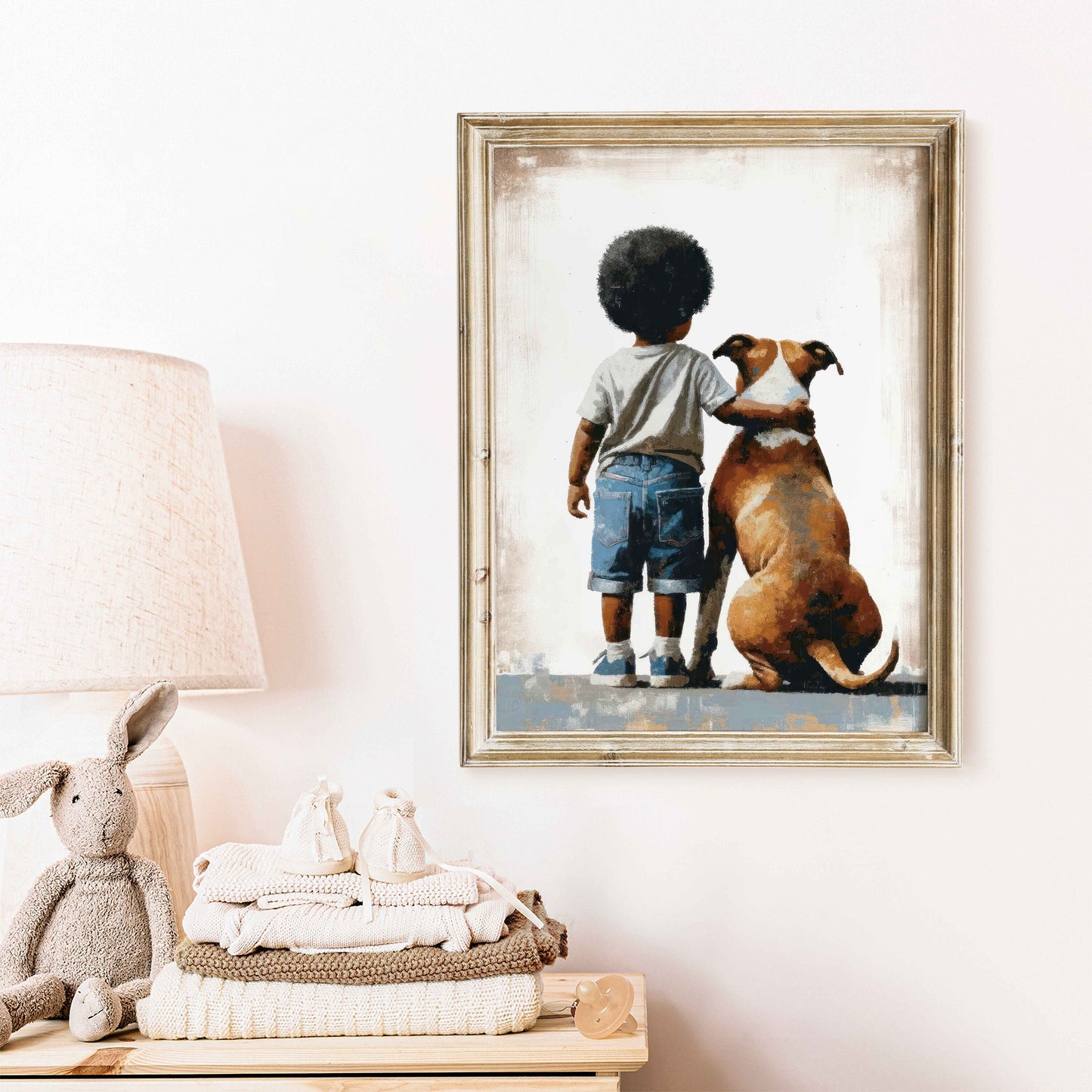 American Staffordshire Terrier Nursery Art, Boy & Dog Art Print, Black Boy Art, Pitbull Nursery Art, Afro-American Boy Art,Printable Dog Art