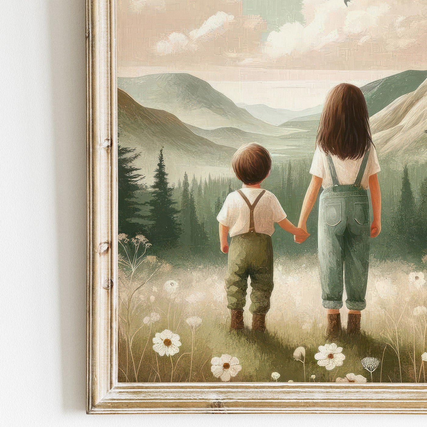 Brother & Sister Print, Siblings Adventure Decor, Girl and Boy Painting, Sibling Wall Art, Printable Mountain Nursery Decor for Children