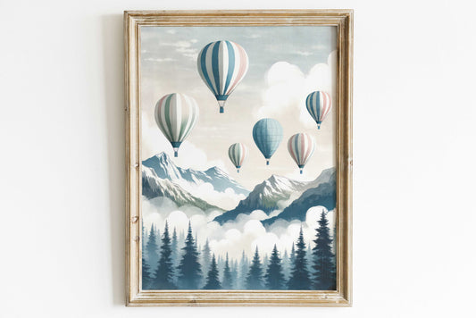 Vintage Hot Air Balloon Decor, Nursery or Living Room Wall Art, Nostalgic Vintage Pastel Wall Art, Forest & Mountain Wall Art