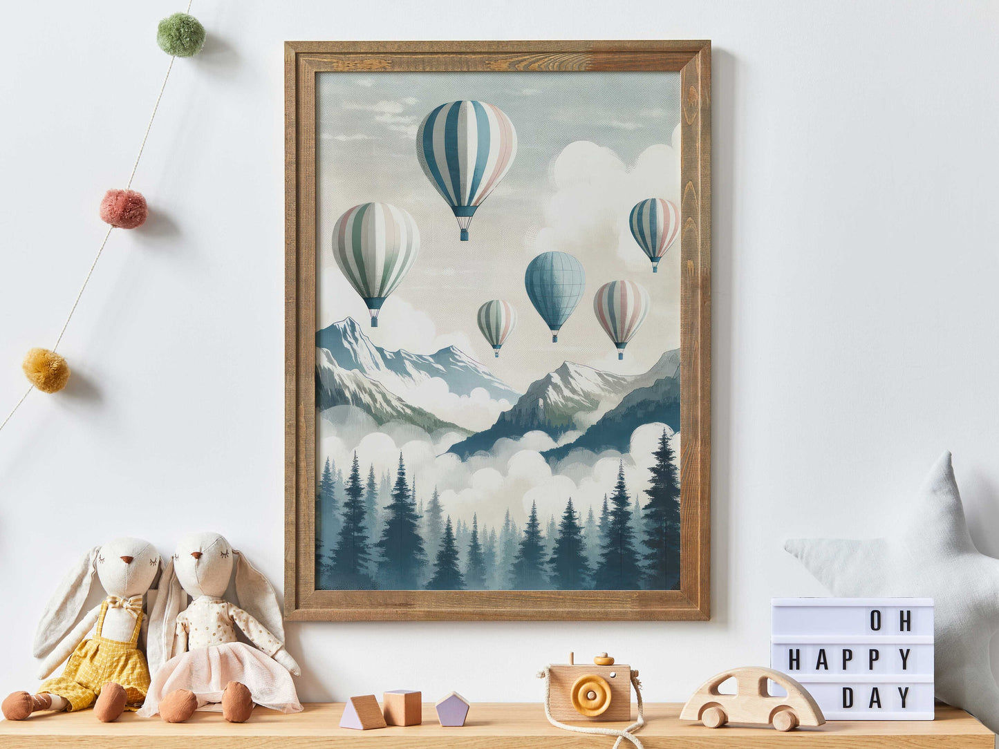 Vintage Hot Air Balloon Decor, Nursery or Living Room Wall Art, Nostalgic Vintage Pastel Wall Art, Forest & Mountain Wall Art