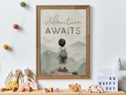 Adventure Awaits, Inspirational Boy Explorer Art, Vintage Mountain Landscape, Green & Brown Nursery Decor, Printable Wall Art