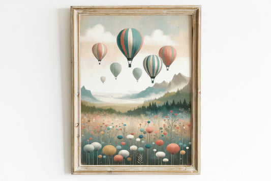 Vintage Hot Air Balloon Decor, Nursery Wall Art, Wildflower & Mountain Wall Decor, Childs Room Balloon Print, Adventure Wall Art for Kids