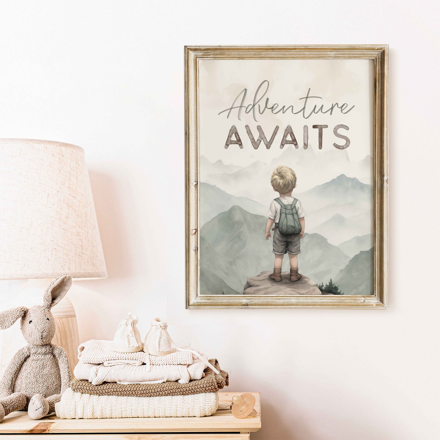 Adventure Awaits, Inspirational Boy Explorer Art, Boy Adventure Nursery, Mountain Nursery Art, Sage Green Nursery Decor, Printable Wall Art