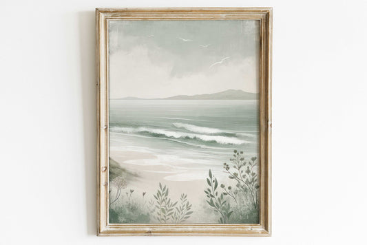 Sea Painting, Coastal Home Decor, Beach Wall Decor, Coastal Wall Art Prints, Sage Green Art, Green Ocean Art Print, Printable Landscape Art