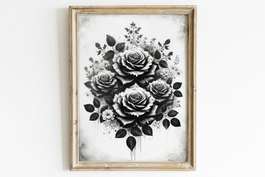 Black and White Rose Print, Rose Wall Art, Black Floral Art, Rustic Floral Decor, Modern Farmhouse Home Decor, PRINTABLE Vintage Flower Art