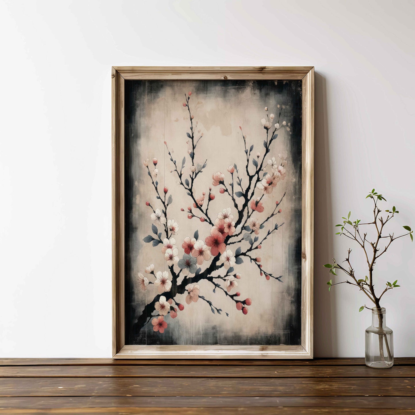 Cherry Blossom Print, Cherry Tree Art Print, Rustic Floral Wall Decor, Pink and Teal Painting, Farmhouse Home Decor, Printable Botanical Art