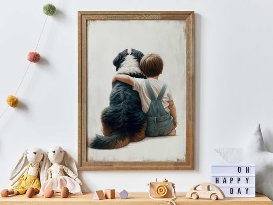 Boy & Bernese Mountain Dog Print, Bernese Mountain Nursery Decor, Toddler Room Decor Boy, Boy and Dog Painting, PRINTABLE Dog Nursery Decor