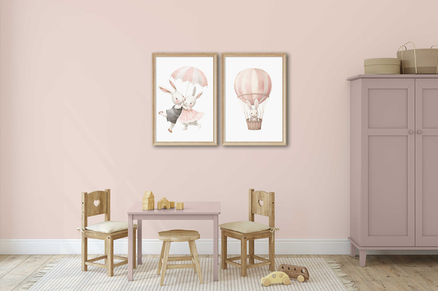 Bunny Nursery Wall Decor, Cute Animal Art for Kids Bedroom, Bunny Nursery Prints Girl's Room, Hot Air Balloon Wall Art, PRINTABLE Girl Art