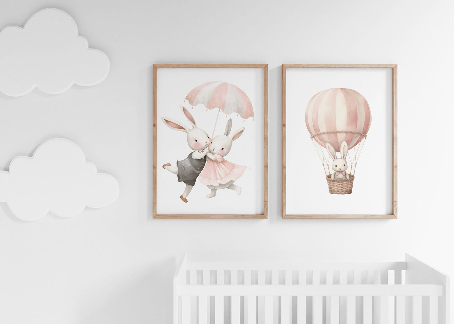 Bunny Nursery Wall Decor, Cute Animal Art for Kids Bedroom, Bunny Nursery Prints Girl's Room, Hot Air Balloon Wall Art, PRINTABLE Girl Art