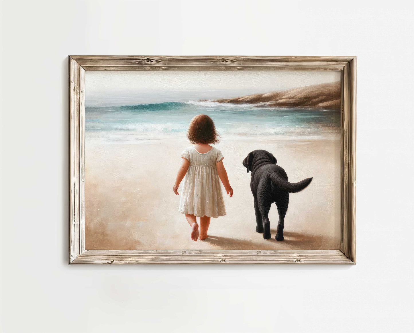 Seaside Serenity: Little Girl & Black Labrador Beach Walk Print - Nostalgic Vintage-Inspired Horizontal Wall Art Nursery, Digital Download