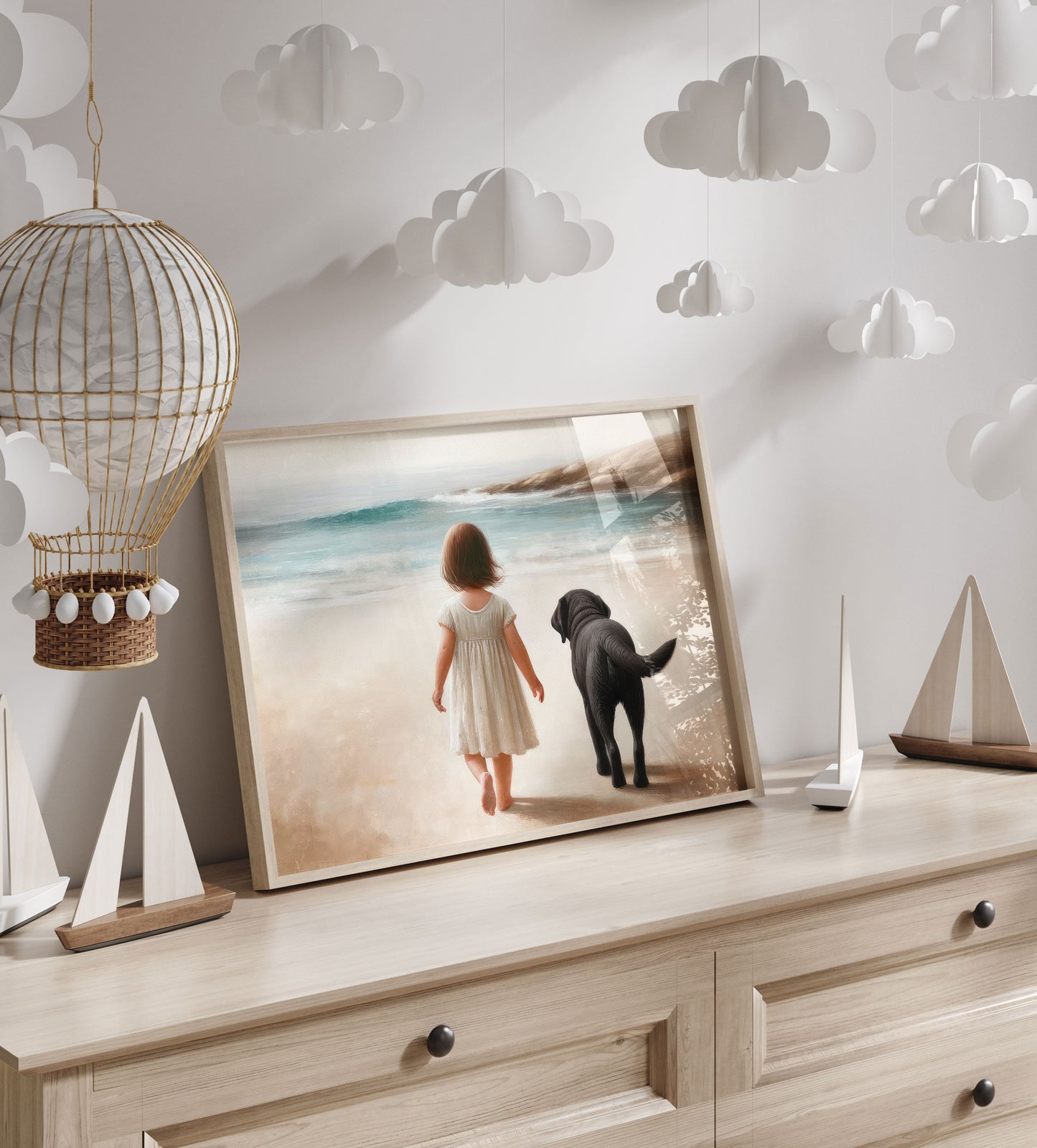 Seaside Serenity: Little Girl & Black Labrador Beach Walk Print - Nostalgic Vintage-Inspired Horizontal Wall Art Nursery, Digital Download