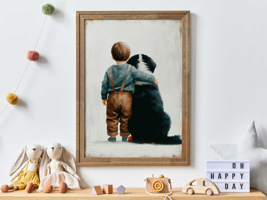 Bernese Mountain Nursery Print, Boy & Bernese Mountain Dog Print, Toddler Room Decor Boy, Boy and Dog Painting, PRINTABLE Dog Nursery Decor