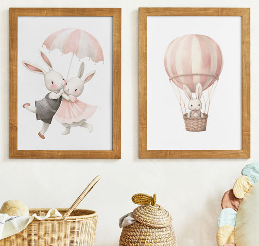 Bunny Nursery Wall Decor, Cute Animal Art for Kids Bedroom, Bunny Nursery Prints Girl's Room, Hot Air Balloon Wall Art, PRINTABLE Girl Art