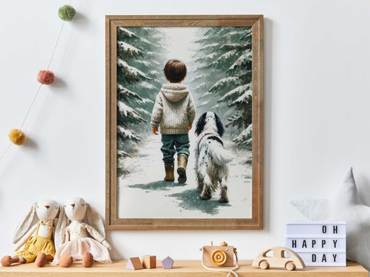 Boy & His Dog Snowy Adventure Print - Vintage Boy and English Setter Wall Art, Heartwarming Nursery or Boy’s Room Decor, Digital Download