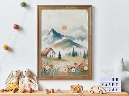 Wildflower & Mountain Nursery Art, Whimsical Nursery Landscape Print, Mountain Cabin Art, Sunset Art Print, PRINTABLE Landscape Wall Art