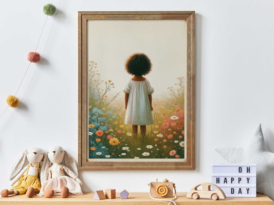 Wildflower Field Art, Nursery Flower Decor, African Girl Print, Cute Girls Room Art, Toddler Room Decor Girl, Printable Girl Wall Art