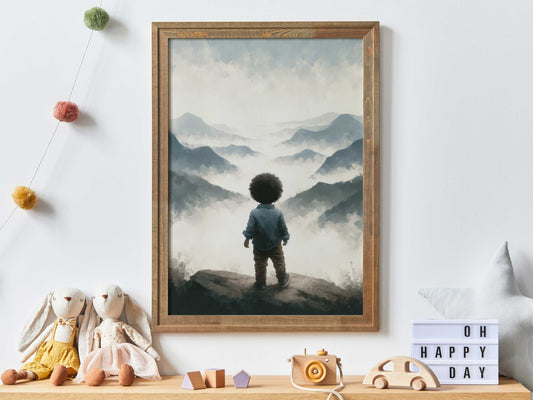 Adventure Toddler Decor Boy, Mountain Nursery Art, African-American Black Boy Nursery Decor, Black Kid Art, Printable Boys Room Art