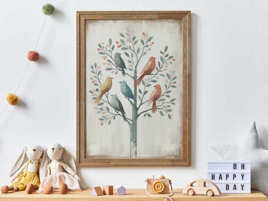 Rustic Bird Print, Vintage Bird Wall Art, Tree Wall Art, Tree Painting, Whimsical Art, Rustic Wall Art, Farmhouse Wall Decor,Printable Art