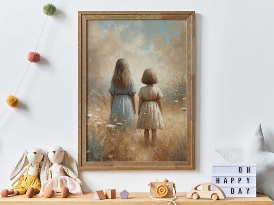 Sister Room Art, Sister Print, Sisterhood Art, Vintage Sister Painting, Best Friends Print, Wildflower Girls Room Decor, Printable Girl Art